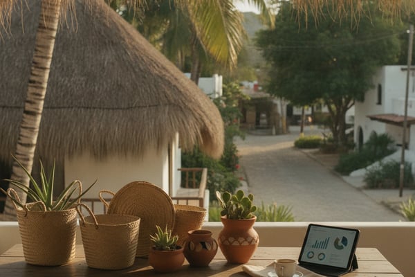 Wooden desk with potted plants, coffee cup, and tablet overlooking thatched-roof bungalows and tropical village street