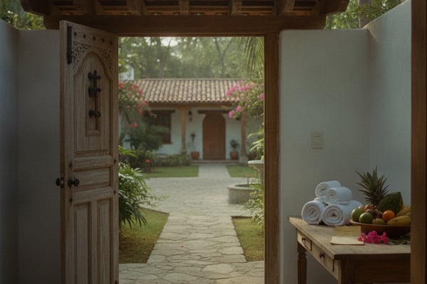 Wooden pergola entrance with carved door opening to courtyard, white towels and fruit on table, colonial-style building with pink flowers visible beyond