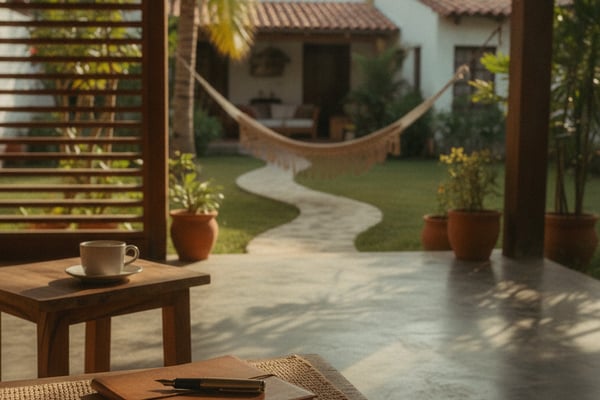 Covered patio with notebook and pen overlooking courtyard garden with hammock and colonial-style buildings